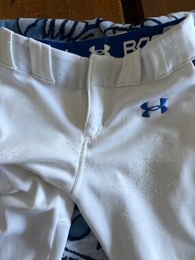 Under Armour White Kids Baseball Pants with Blue Logo